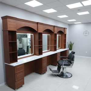 Station de barbier en bois vert au design classique avec miroir LED durable, 4 places, multiples espaces de rangement pour hommes, salon de coiffure - Product Image 4