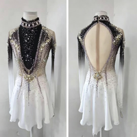 Costume de patinage artistique à dégradé noir et blanc avec strass, col haut, manches longues, pour enfants et adultes, compétition, performance