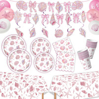 Vaisselle jetable sur le thème de la mer avec nœud rose et coquillages, assiettes en papier, gobelets, serviettes, nappe et bannière pour fête d'anniversaire de filles