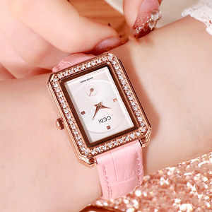 Nouvelle montre carrée pour femme avec bracelet en cuir incrusté de diamants, étanche, élégante et décontractée - Product Image 1