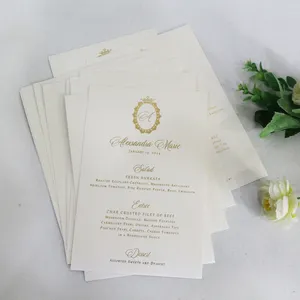 现代长方形象牙和金箔手工纸邀请餐厅婚礼菜单卡