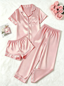 Conjunto de Pijama de Tres Piezas para Mujer, Color Sólido, de Alta Calidad, Ropa de Dormir Informal de Satén para Primavera, <span class=keywords><strong>Verano</strong></span> y Otoño - Product Image 3