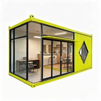 Maison conteneur extensible vert citron, cabine en acier avec façade vitrée et fenêtre diamant pour bureau moderne, café ou espace lounge
