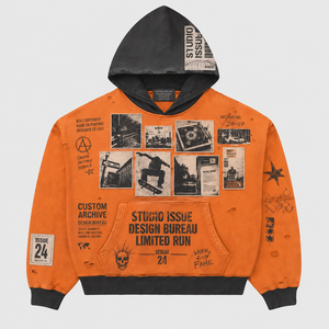 Custom 450GSM Cotton Hoodie Sunfaded Mud Wash French Terry Distressed Boxy Fit Orange Patchwork Grunge <b>Pullover</b> OEM <b>Men</b> Hoodie - Product Image 1