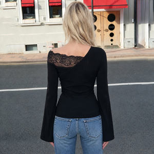 Womens Black Asymmetric off Shoulder Lace Solid Regular Fit Long Sleeve Summer Casual T Shirt Elegant Streetwear <b>Top</b> - Product Image 2