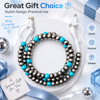 Câble de données USB 4-en-1 tendance, style western, avec perles argentées et turquoise, charge rapide, cordon multi-chargeur Type C, accessoires auto