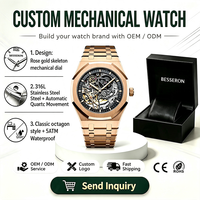 Montre mécanique automatique de luxe pour homme, boîtier et bracelet en acier inoxydable doré, cadran squelette personnalisé, étanche, vente en gros