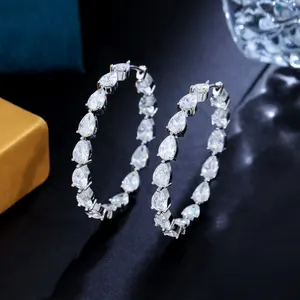 Shinning White Classy Pear Cut Shaped Cubic Zirconia Tennis Thin Hoop Earrings for Women Banquet Party Jewelry