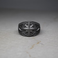 Anello Sigillo da Uomo Personalizzato in Argento Sterling 925 Placcato Rodio Nero con Bussola e Stella, Gioielli Nautici OEM