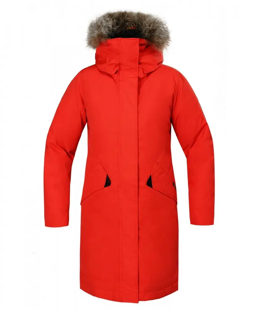 プロの工場OEMグースダウンパーカー女性冬のロングフード付きスリムダウンパーカフォックスファーコート