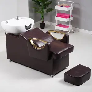 Salon Massage Shampoo Becken Bett Salonmöbel Backwash Haarschwäsche Stuhl Shampoobasse und Stuhl schwarz und goldlich europäischen Stil