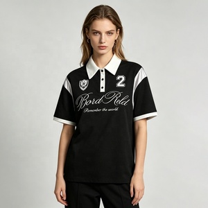 T-shirt polo <span class=keywords><strong>femme</strong></span> noir et blanc à blocs <span class=keywords><strong>de</strong></span> couleur avec logo brodé, manches courtes, style décontracté streetwear, nouveau design - Product Image 1