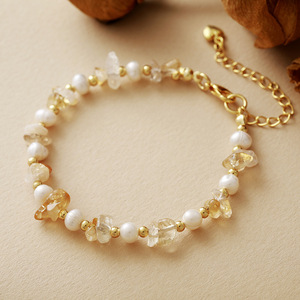 Amethyst And Citrine <b>Beaded</b> <b>Bracelet</b> With Pearl And Gold Heart Charm Bohemian Style Gift Jewelry - Product Image 3