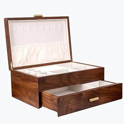 Fabricación de caja de regalo de joyería de madera con incrustaciones de lujo sólido organizador al por mayor
