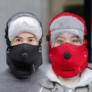 Chapeau d'hiver Lei Feng avec masque et lunettes détachables, style pêche, unisexe, rouge, bleu, noir, en toile polaire épaisse - Product Image 1