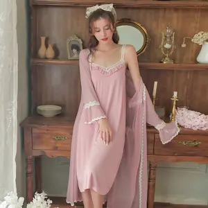 Romantische Frauen Robe Kleid Set 2 Stück Pyjamas Vintage Mädchen Nachthemd Sexy Nachtwäsche Kleid Spitze Baumwolle Nacht Tragen Loungewear