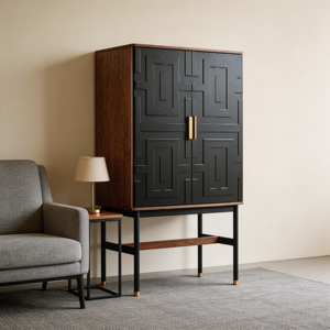 WALNUT BAR <b>CABINET</b> WITH BRASS HARDWARE and PATTERNED FRONT SOLID TIMBER INTERIOR <b>CABINET</b> - Product Image 4