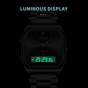 Montre multifonction carrée noire LIGE FB0099 pour femmes, 2 fuseaux horaires, acier inoxydable, montre-bracelet lumineuse, montre numérique LED, cadeau pour femme - Product Image 5