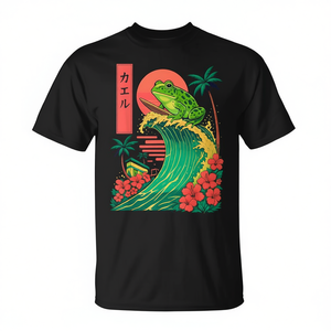 T-shirt japonais Frog Surfing noir à col rond avec design graphique pour hommes et femmes, vêtements décontractés - Product Image 2