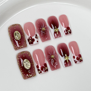 <span class=keywords><strong>Faux</strong></span> ongles carrés faits à la main en acrylique, <span class=keywords><strong>rouge</strong></span> <span class=keywords><strong>bordeaux</strong></span> rétro, fleurs 3D sculptées, décoration vintage avec médailles métalliques et perles dorées - Product Image 1