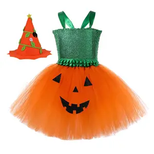 万圣节主题派对橙色女孩薄纱连衣裙魔法女巫角色扮演儿童