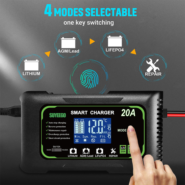 HTRC 15A/12V 10A/24V Battery Charger for LiFePO4 AGM GEL Lead-Acid Batteries Automatic Charging Motorcycle Charger Smart Repair