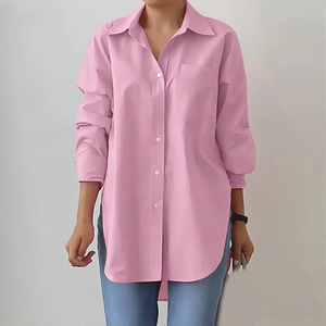 Camisa de <span class=keywords><strong>Mujer</strong></span> al por Mayor, Nueva Colección de Primavera, Elegante, Cuello Polo, Manga Larga, Color Sólido, Dobladillo Dividido, Talla <span class=keywords><strong>Extra</strong></span> Grande - Product Image 1