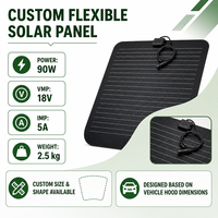 Panneau solaire monocristallin léger de forme personnalisée 50W 90W 100W, panneau PV flexible ETFE avec support adhésif pour capot de voiture, camping-car, fourgonnette