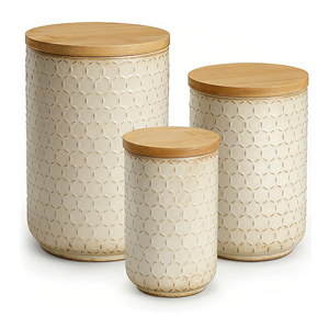 กระปุกเซรามิคลายนูนรูปทรงรังผึ้ง สีเหลืองแบบดิสเทรส พร้อมฝาไม้ไผ่ สำหรับจัดระเบียบบนเคาน์เตอร์ - Product Image 6