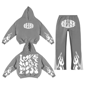 Conjunto de Chándal de Forro Polar Grueso Personalizado Fabricado por OEM para Hombre, Estilo Urbano, con Sudadera con Capucha Oversize con Estampado Puff y Pantalones Acampanados - Product Image 1