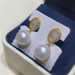 wholesale S925 <b>Silver</b> Vintage Dangle Pearl <b>Earrings</b>, 11-12mm Near Round Edison Pearl, Pink Overtones High Luster <b>Drop</b> <b>Earrings</b> - Product Image 1