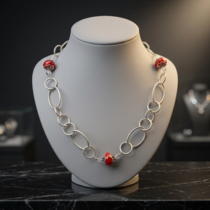 <b>Silver</b> Plated Alloy Beaded Necklace With Red Crystal Accents Link Chain Classic Style Unisex Jewelry - Product Image 3
