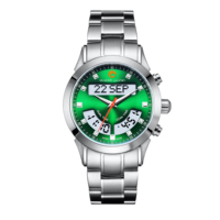 Jam Tangan Digital Klasik World Prayer Times Azan Muslim dengan Kompas, Kulit Asli, Rantai Baja, Kalender Pria