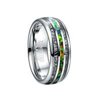 POYA Anneaux en tungstène bombé en argent poli de 8mm incrustation de météorite et d'opale verte imitée pour mariages fiançailles pour hommes femmes