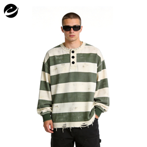 T-shirt da <span class=keywords><strong>uomo</strong></span> XUCHANG personalizzata oversize, ampia e squadrata, in cotone a nido d'ape, lavata, a righe, strappata, spessa, <span class=keywords><strong>termica</strong></span>, a maniche lunghe - Product Image 1