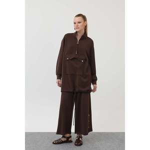 Puane Women's Brown Pocket Detail Zippered Two-Piece Outfit <b>Set</b> - Modern Casual Style with Functional Design 14299TKS - Product Image 1
