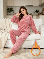 Pyjama d'hiver thermique en flanelle pour femme, 100 % polyester 220g, uni, ODM, avec cordon de serrage, col lisse, tricot doux, motif animalier de dessin animé