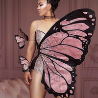 Bodysuit pour femmes rose avec ailes de papillon et strass Costume de danse sexy Justaucorps Club Showgirl Stage Performance Wear