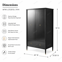 Armoire noire à deux portes avec tiroir large, quincaillerie dorée et pieds effilés, meuble de rangement autoportant pour vêtements de chambre