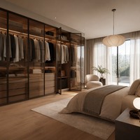 Armoire intégrée moderne de luxe avec porte en verre, éclairage LED, placage en noyer, bordure laser, sur mesure, modulaire