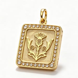 Medalla Circular Chapada en Oro con Diseño Tallado de Flor de Cardo, Colgante de Latón, Joyería - Product Image 2