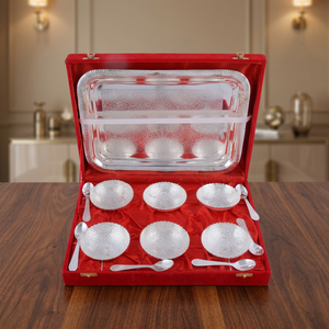 Ensemble de bols en laiton de haute qualité, 6 bols, 6 cuillères, 1 plateau, style classique argenté - Product Image 2