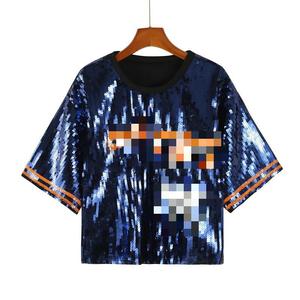 ショートスリーブレターストリートウェアルーズTシャツスパンコールヒップホップNigh女性用ジャージークロップトップ女の子用 - Product Image 3