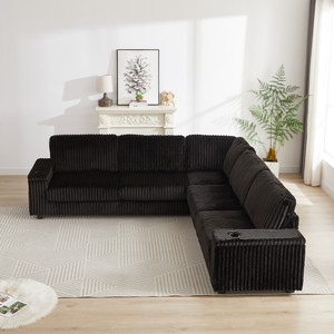 Oversized Convertible L-Shaped Corduroy Corner Sofa Set Modern Design Two <b>Storage</b> Spaces USB Type-C Port Cup Holder Deep Hotel - Product Image 5