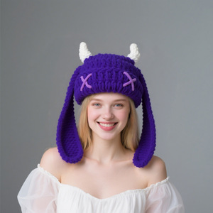 Purely Handmade Cute Little <strong>Devil</strong> <strong>Horn</strong> Hood Big Rabbit Ears Warm Knitted Hat for Neutral Sweet Cool Winter-for Beach Scenes - Product Image 4