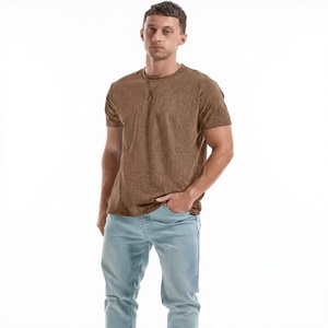 T-shirt pour homme à manches courtes, col rond, couleur marron uni, coupe classique, décontracté, tricoté, 100% coton, design uni, tissu jersey - Product Image 1