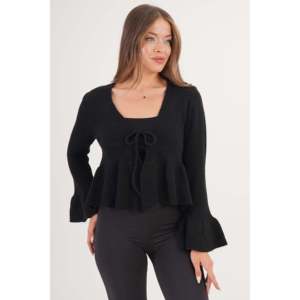 Wholesale Winter <b>Cardigan</b> with Long Front-<b>Tie</b> Ruffle Detail <b>Black</b> Print on Wool and Fur Material Button and Lace Decoration - Product Image 3