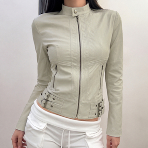 Chaqueta Corta con Cuello Alto, Cierre de Cremallera y Botones Metálicos, Estilo Biker, Ajustada, Gruesa, para Otoño e Invierno, Única, Versátil y Favorecedora - Product Image 4