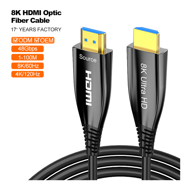 FactoryPrice A205 ODM OEM HDMI Fiber Optic Cable Custom Length 120M 100M 50M 4K 8K 8K Black HDMI Cable for Monitor & Microphone