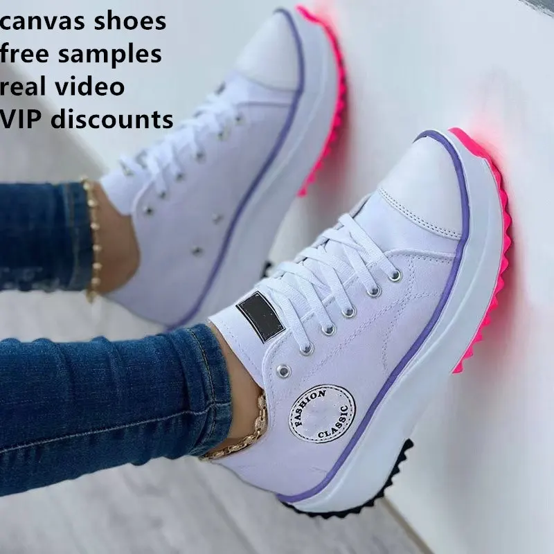 2022 Women's Fashion Sneakers Casual White Tennis Walking Thick Bottom Canvas Daily Wear Ladies Comfortable Platform Shoes